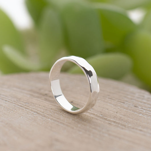 D-Shaped, Hammered-Finish Solid Sterling Silver Band - 4mm Wide